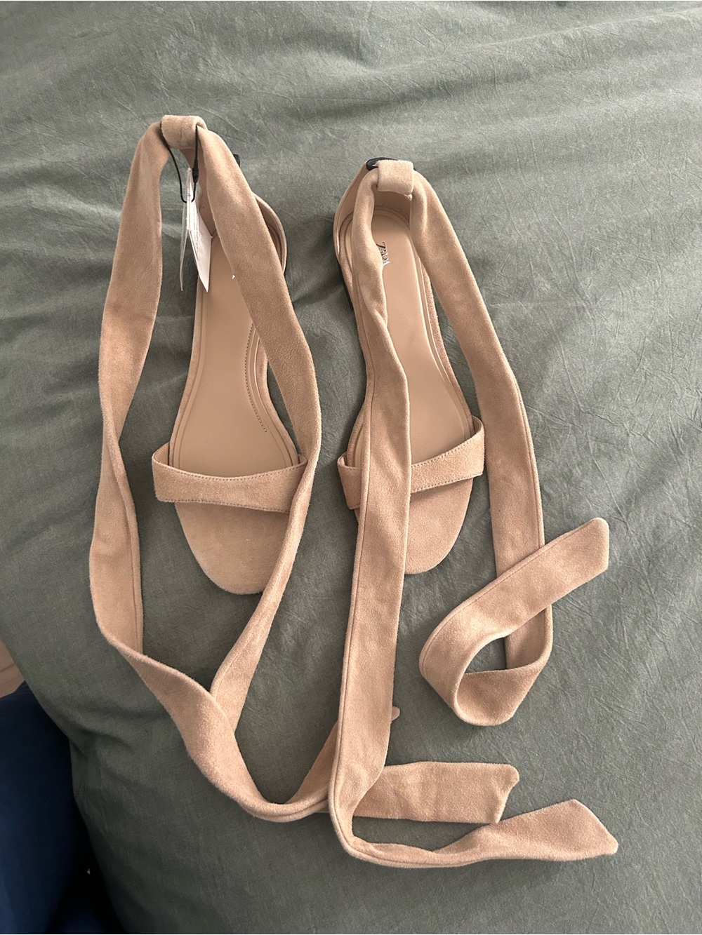 Zara Nude Tie-Strap Suede Sandals - Picture 1 of 5